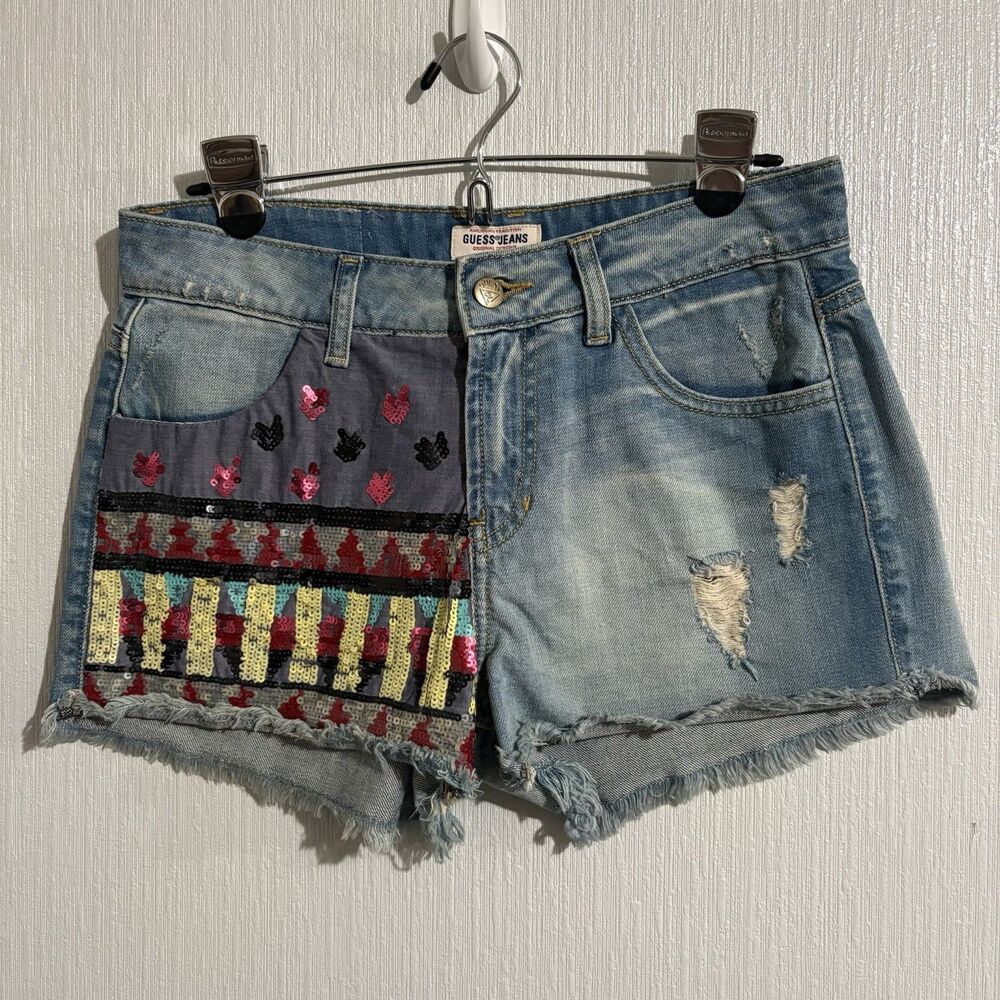 Guess Sequin Patch Shorts Geometric Boho Summer Fun Festival Distress Women’s 28